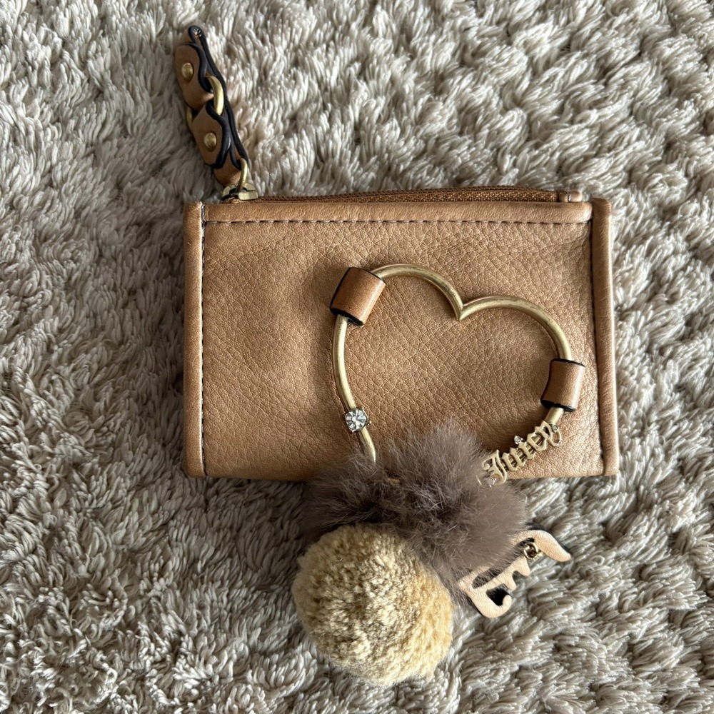 Vintage Juicy Couture Leather Pom Pom Key Ring Wallet Coin Purse Card Brown Y2K